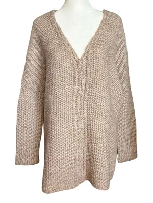 Moth Anthropologie Size S Oversized V Neck Sweater Chunky Knit Tan Alpaca Wool thumbnail 1