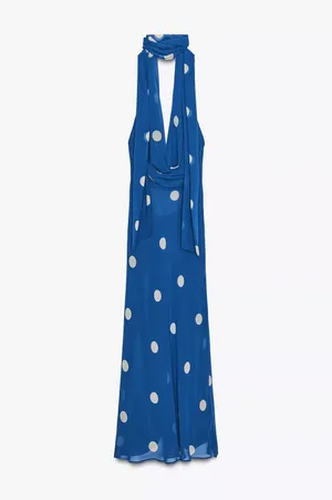 Zara Blue Polka Dot Halter Dress scarf open back maxi long evening party wedding thumbnail 8