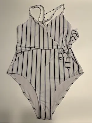 Cupshe Black & White Striped Wrap One Piece Swimsuit Size Large thumbnail 1
