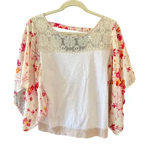 prAna Womens Small Boho Mixed Media Floral‎ Kimono Sleeve Crochet Lace Top White thumbnail 1