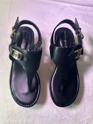 Tommy Hilfiger Black Leather Cork Wedge Thong Sandals with Gold Logo thumbnail 4