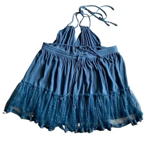 ⁠R Vivimos Blue Halter Mini Dress Size L Boho Mesh Polka Dot Tiered Babydoll thumbnail 9