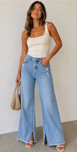 Zara 100% cotton wide leg raw split hem jeans thumbnail 1