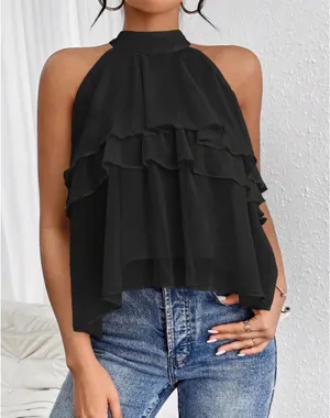 Loose Fit Neck Tie Ruffle Hem Asymmetrical Chiffon Blouse thumbnail 1