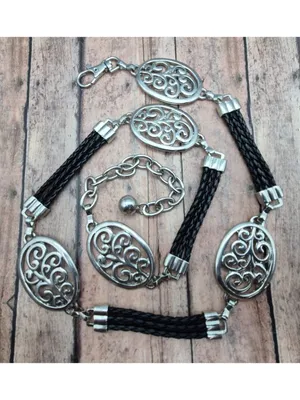 Ladies Silver Tone & Black Braided Faux Leather Chain Belt Swirl Size S Western thumbnail 3