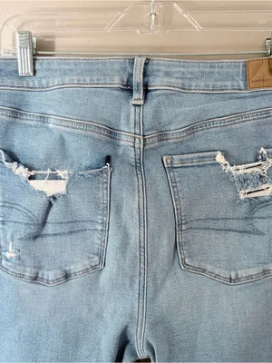 American Eagle Super Hi-Rise Flare Jeans Distressed Patchwork Size 10 Regular thumbnail 4