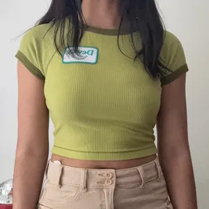 Wild Fable‎ Lime Green Dewey Cannabis Co Patch Ribbed Ringer Crop Baby Tee Small thumbnail 2