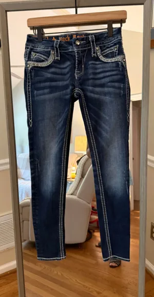 Women's Rock Revival Skinny Jeans Size 25 Blue Silver Embellished thumbnail 1