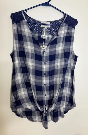 Wrangler Plaid Top Women Medium Blue NWT Crochet Lace Tie Front Sleeveless thumbnail 1