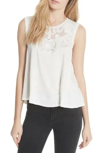 Free People Meant To Me Ivory Linen Blend‎ Lace Mesh Yoke Sleeveless Tank Top M thumbnail 1