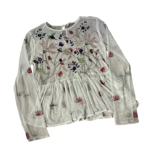 Zara Floral Embroidered Mesh Peplum Top Womens XS Ivory Sequin Sheer Boho Blouse thumbnail 1