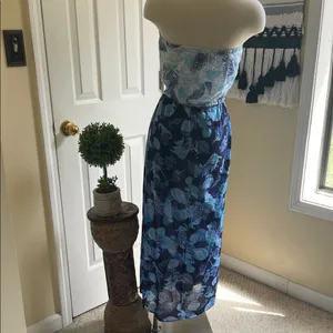 Talbots Strapless Blue Preppy Boho Tropical Maxi Dress or Beach Cover thumbnail 2