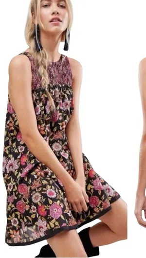 Free People Oh Baby Mini Dress Black Floral Smocked Sleeveless XS OB500470 thumbnail 1