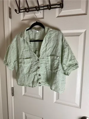 Zara Linen Crop Short Sleeve Button Down Blouse Mint Green Large Boho thumbnail 2