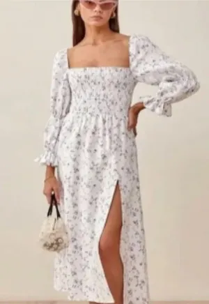 House of Harlow Linen Smocked Bodice Square Neck Floral Cottage Coquette Soft XS thumbnail 1