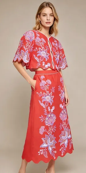 NWOT Farm Rio Red Porcelain Garden Scalloped Linen Midi Skirt Size S thumbnail 1