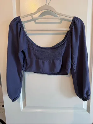 Kendall & Kylie Navy Blue Off-Shoulder Long Sleeve Crop Top thumbnail 3