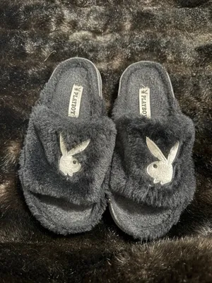 Playboy Bunny Shaggy Slippers Black Faux Shoes S 6.5 - 7.5 thumbnail 2