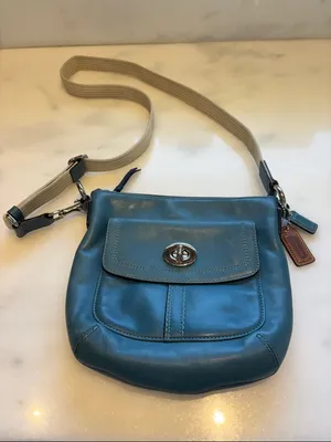 Coach Teal Leather Crossbody with Canvas Strap and Turn-Lock Pocket thumbnail 1