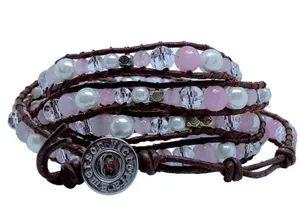 Victoria Emerson Brown Leather Wrap Bracelet With Pink Pearls thumbnail 1