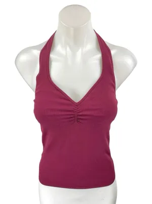 Free People Women's Maroon Ruched V-Neck Halter Cami Camisole Crop Tank Top M/L thumbnail 1