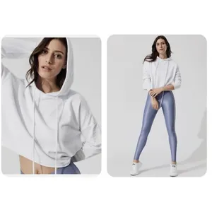 NWT Alo Yoga Box Crop Hoodie Sweatshirt in White Beaded Sleeve M thumbnail 7