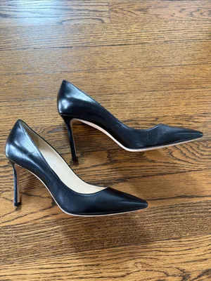 Jimmy Choo Black Leather Pointed-Toe Stiletto Pumps, 3.5” heel, 38.5 thumbnail 4