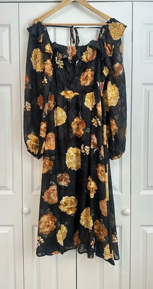 &merci Black Floral Midi Dress - Elegant Gold Rose Print, L thumbnail 1