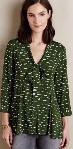 Anthropologie Maeve Green Cloud Novelty Print Tie‎ Front Blouse Size Small thumbnail 1