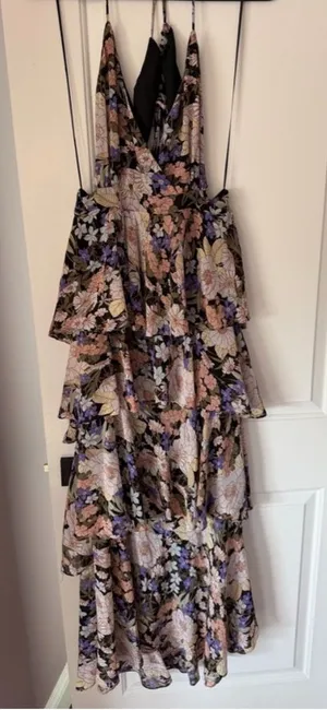 Astr Floral Tiered Maxi Dress in Black with Purple and Pink Flowers thumbnail 1