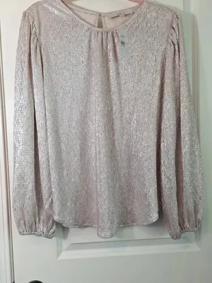 NWT Ann Taylor LOFT Size Medium Silver Textured Metallic Puff Sleeve Blouse NEW thumbnail 2