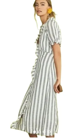 Anthropologie Linen Blend Striped Midi Dress Size 2 Cottagecore Prairie Blk Whit thumbnail 1