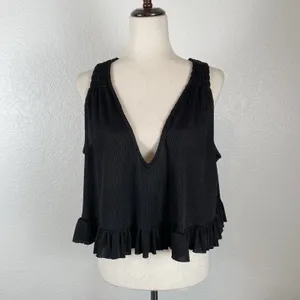 Free People No Excuses Ruffle Ribbed Crop Top Women's S Black Grunge WhimsyGoth‎ thumbnail 3
