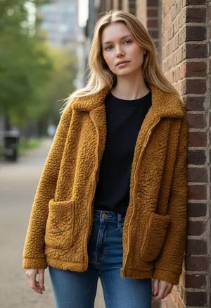 Pink Rose Teddy‎ Fleece Jacket Camel Brown Zip Front Sherpa Coat Women's Small thumbnail 1