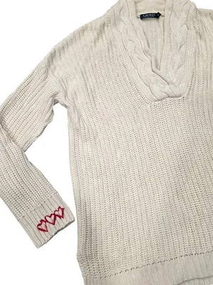 Lauren Ralph Lauren Cable Knit V-Neck Sweater With Red Embroidered Hearts Size L thumbnail 2