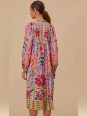 Fruits Queen Scarf Midi Dress Floral Bohemian Long Sleeve Size Medium thumbnail 2