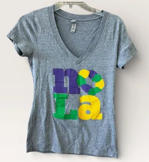 Next Level NOLA King Cake Mardi Gras V-Neck Womens Medium Gray Soft Wash Louisiana thumbnail 1
