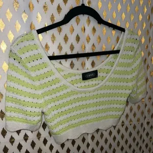 Cider green and white striped pointelle knit short-sleeve sweater with scalloped thumbnail 4