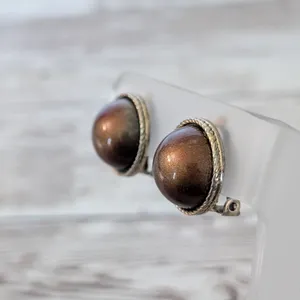 Vintage Clip On Earrings Domed Metallic Brown with Gold Tone Halo thumbnail 3