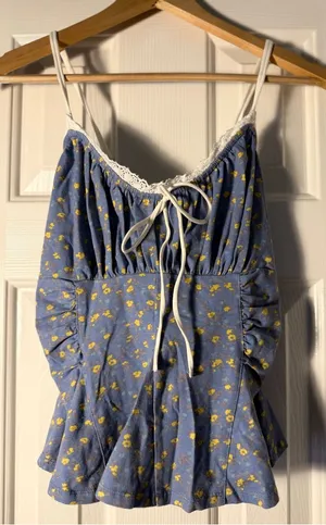 Free People Sammi Tank M NWT Allure Blue Floral Ruched Lace Peplum Cami thumbnail 1