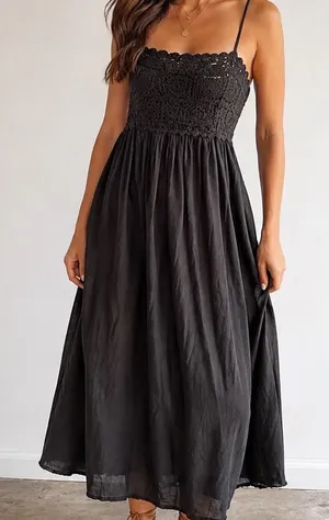 ASOS DESIGN Crochet Babydoll Midi Sundress Black Boho Festival Dress Vacation thumbnail 1