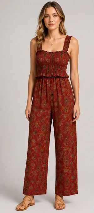 Farm Rio Smocked Jumpsuit in Rust Paisley Leopard Animal Print Size G small thumbnail 1
