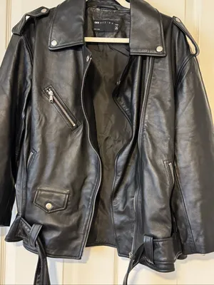 ASOS DESIGN Petite Premium Real Leather Oversized Biker Jacket Black US 4 thumbnail 5