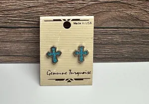 Genuine Turquoise Blue Cross Silver Tone Pierced Stud Earrings NWT Made In USA thumbnail 1