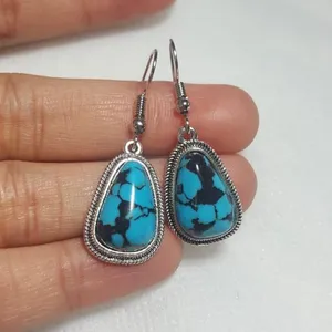 Beautiful Vintage Tibet Silver Turquoise Hook Drops Earrings thumbnail 1