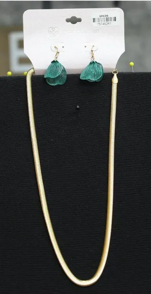 NWT Daisy Fuentes Filligree Dangly Earring Necklace Set Gold / Blue 17" + 3.5" thumbnail 1