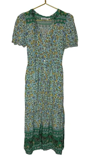 ✨💚 Petal + Pup Boho‎ Floral Button-Front Midi Dress Green US 4 💚✨ thumbnail 1
