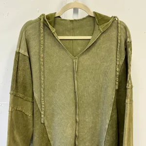 J.HER Olive Green Mixed Media Thermal Waffle Knit Hoodie Oversized Distressed Lg thumbnail 3