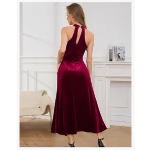 NEW Wine Red Halter Velvet Maxi Cocktail Formal Prom Bridesmaid Dress 2X thumbnail 2
