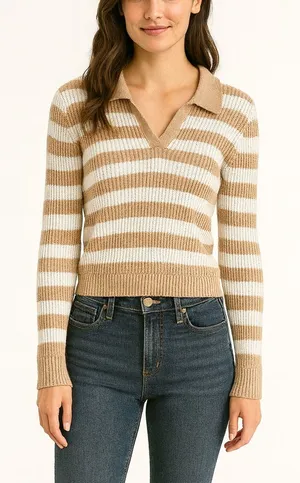 American Eagle Size XL Tan and White Collared Pullover Sweater Top. thumbnail 1